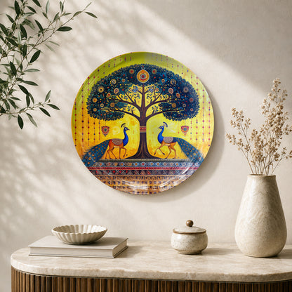 Sacred Symphony ceramic wall plate featuring two peacocks beneath an intricately decorated Tree of Life for Vaastu-inspired décor.