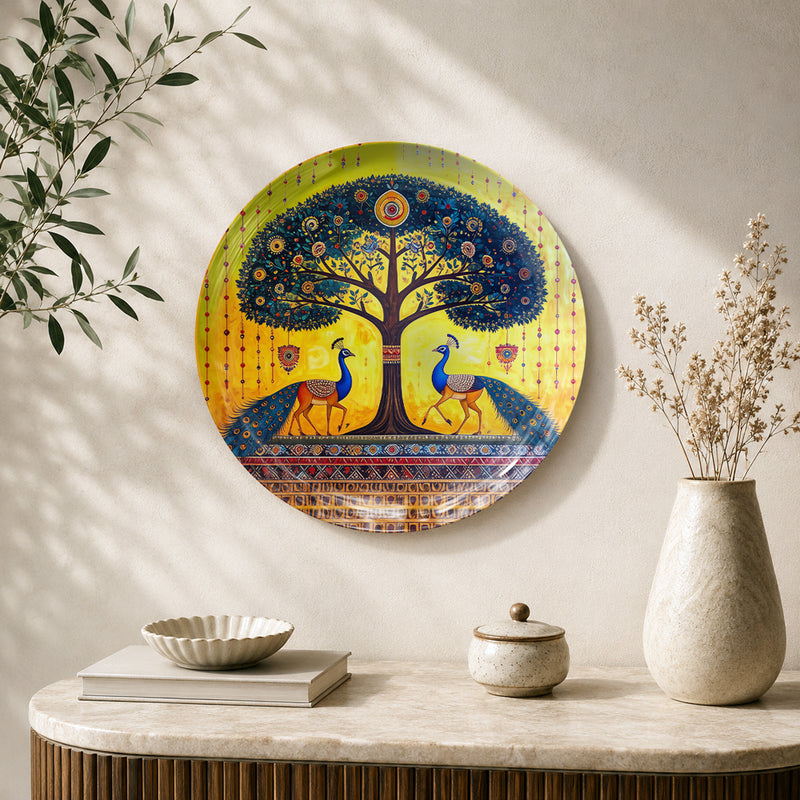 Sacred Symphony ceramic wall plate featuring two peacocks beneath an intricately decorated Tree of Life for Vaastu-inspired décor.