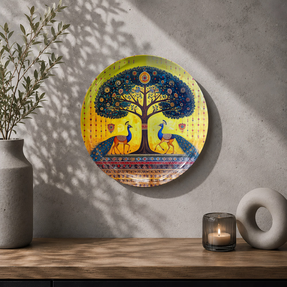 Decorative peacock ceramic wall plate symbolizing harmony, beauty, prosperity, and positive energy.