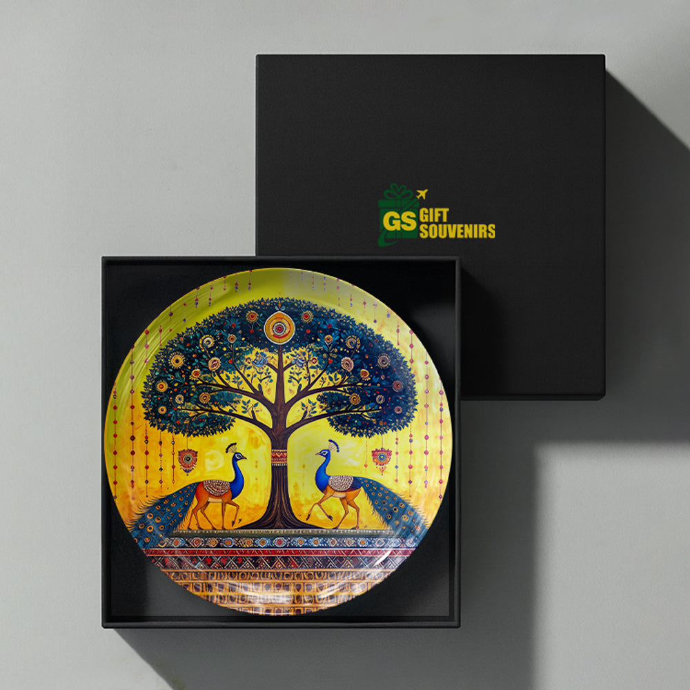 Indian-inspired peacock artwork printed on a premium ceramic wall plate designed for Vaastu-conscious interiors.
