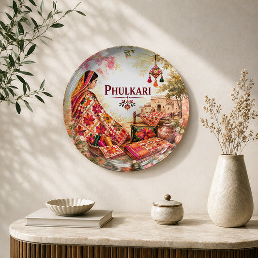 Phulkari Art Ceramic Wall Plate featuring Punjabi woman and colourful traditional embroidery