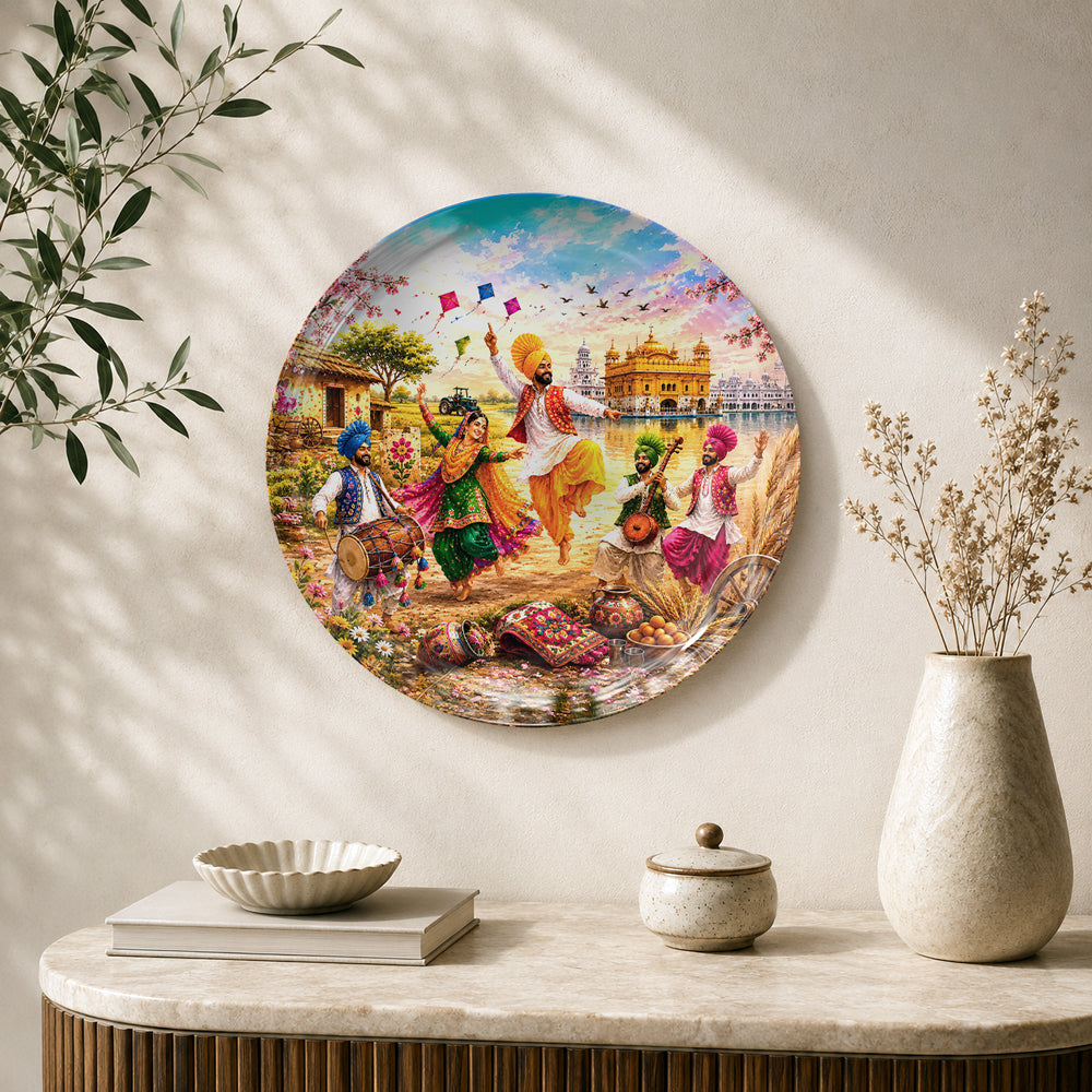Rang Punjab De ceramic wall plate featuring Bhangra dancers, Punjabi folk musicians and Golden Temple