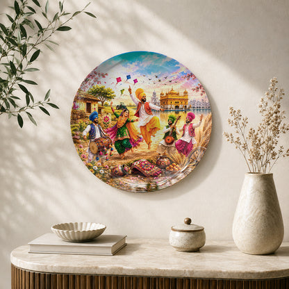 Rang Punjab De ceramic wall plate featuring Bhangra dancers, Punjabi folk musicians and Golden Temple