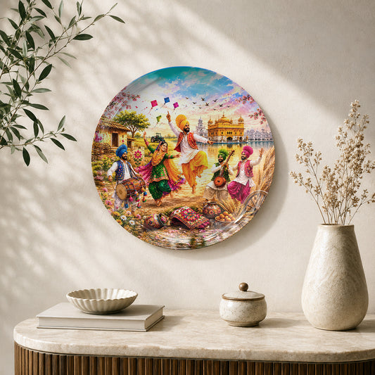 Rang Punjab De ceramic wall plate featuring Bhangra dancers, Punjabi folk musicians and Golden Temple