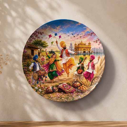 Punjabi folk art ceramic wall plate inspired by Punjab festivals, village life and cultural heritage