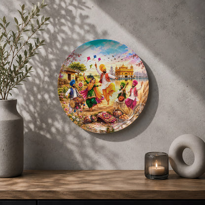 Punjabi heritage ceramic wall plate celebrating folk music, harvest traditions and colourful village life