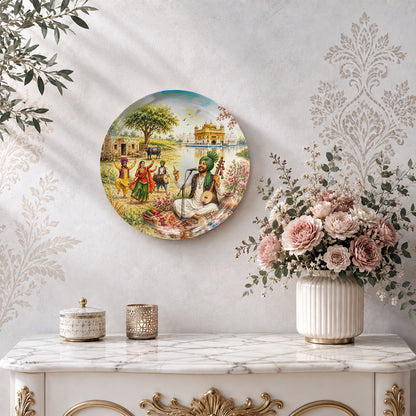 Punjab Virasat ceramic wall decor with traditional Punjabi clothing, dhol, folk instruments and village scene