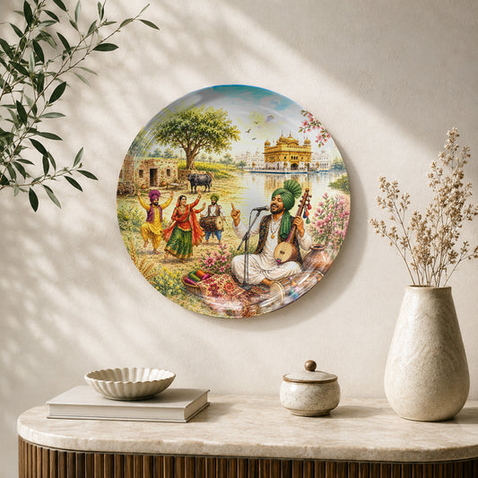 Punjab Virasat ceramic wall plate featuring Punjabi folk musician, dancers and Golden Temple