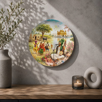 Punjabi folk music ceramic wall plate celebrating Punjab culture, traditions and rural life