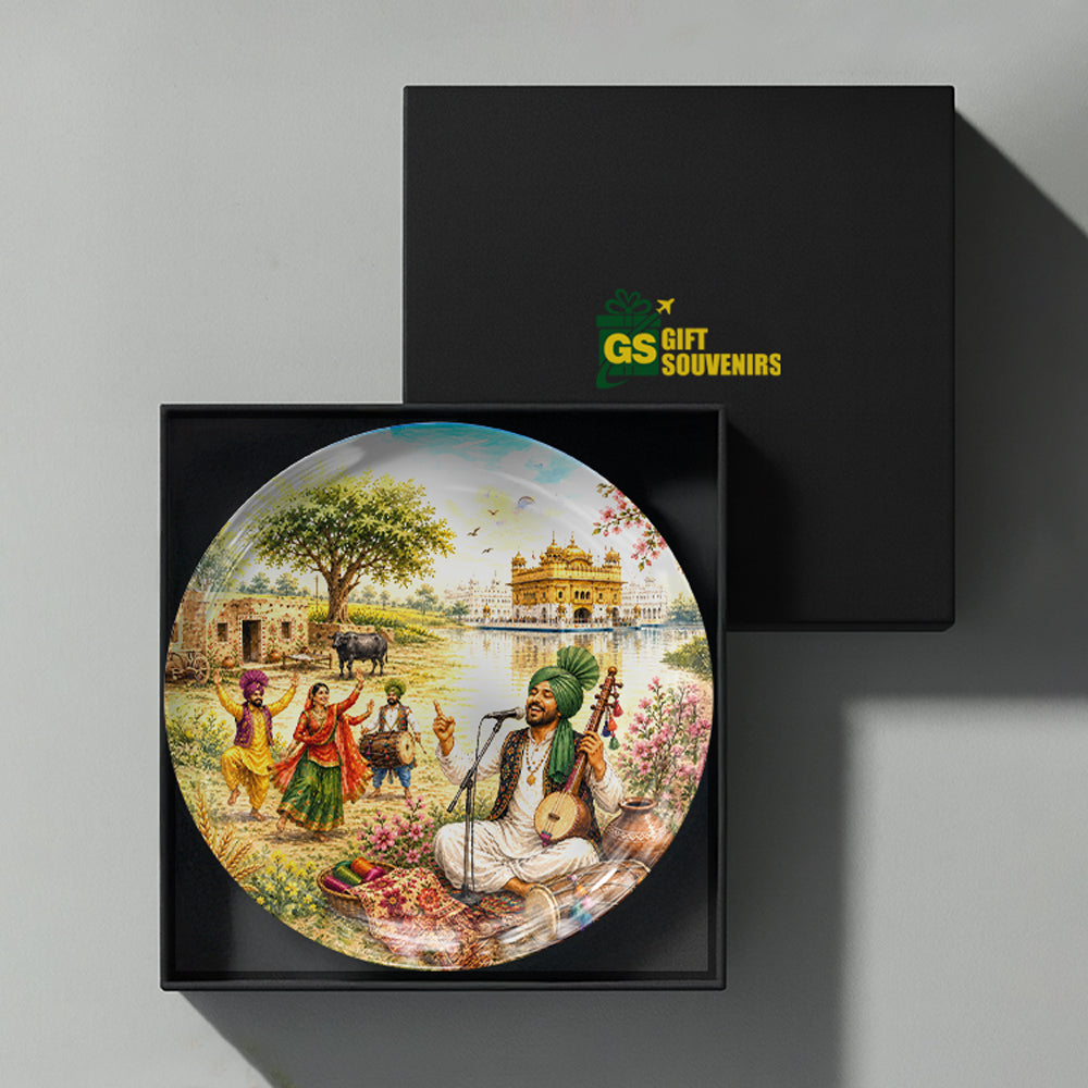 Punjabi folk art ceramic wall plate presented in a premium gift box as a Punjab heritage souvenir