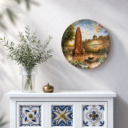 Punjab heritage ceramic wall plate featuring Jallianwala Bagh Memorial in a dramatic sunset setting