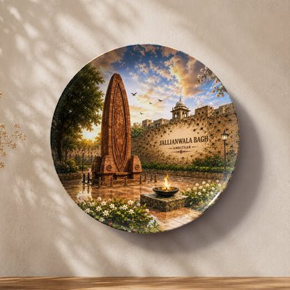 Jallianwala Bagh ceramic wall plate depicting the memorial obelisk and historic stone walls