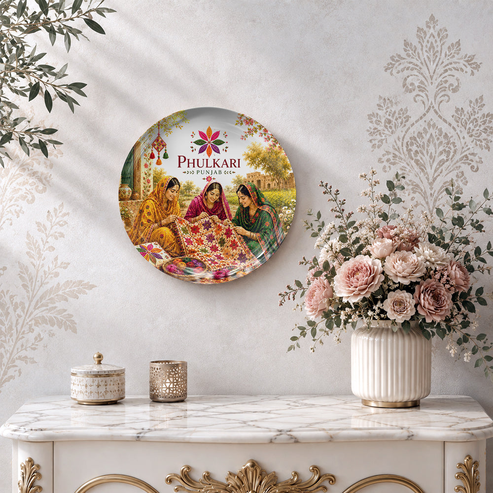 Phulkari ceramic wall decor featuring traditional Punjabi clothing, colourful threads and floral embroidery