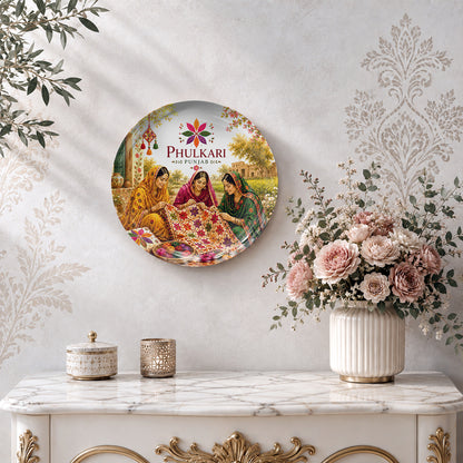 Phulkari ceramic wall decor featuring traditional Punjabi clothing, colourful threads and floral embroidery