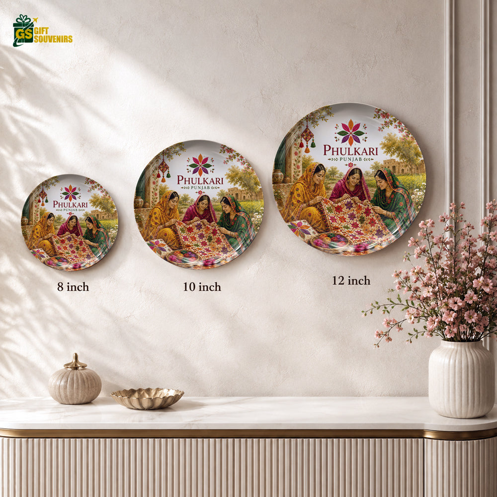 Phulkari Traditions ceramic wall plate displayed as colourful Punjab heritage home decor