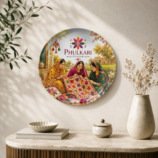 Phulkari Traditions ceramic wall plate featuring Punjabi women embroidering traditional Phulkari textiles