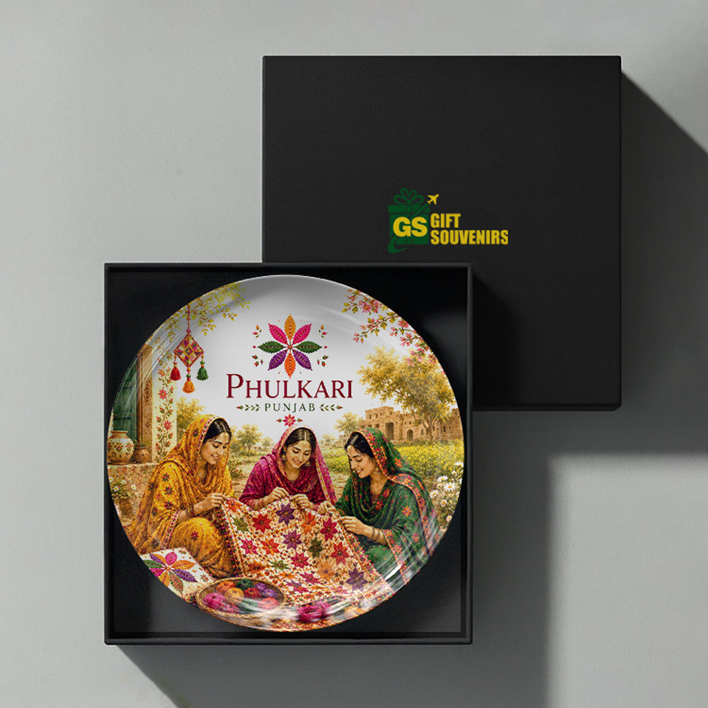 Punjab folk art ceramic wall plate presented in a premium gift box as a heritage souvenir