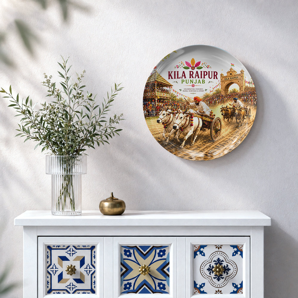 Punjab heritage souvenir wall plate featuring decorated bullock carts and traditional Punjabi athletes