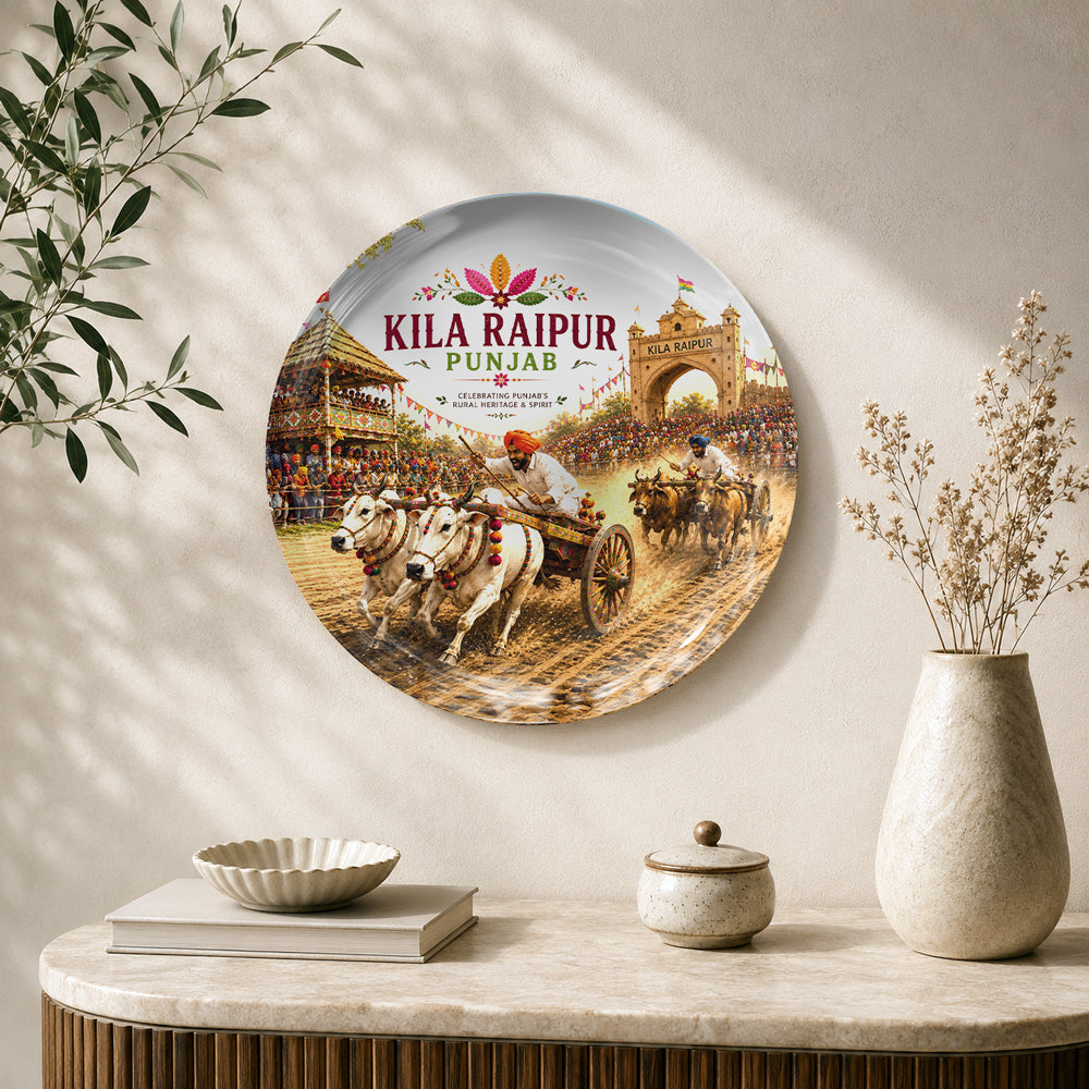 Kila Raipur Rural Olympics Punjab heritage ceramic wall plate featuring traditional bullock cart racing