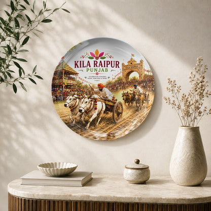 Kila Raipur Rural Olympics Punjab heritage ceramic wall plate featuring traditional bullock cart racing