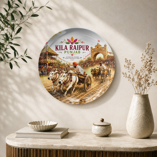 Kila Raipur Rural Olympics Punjab heritage ceramic wall plate featuring traditional bullock cart racing