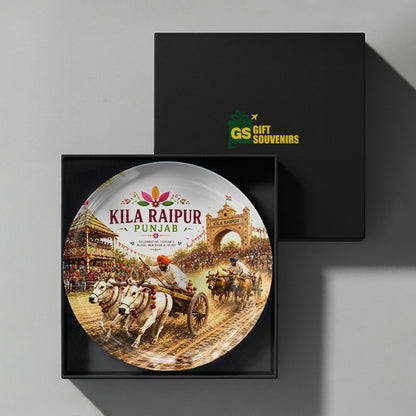 Punjab Rural Olympics ceramic wall plate presented in a premium gift box as a heritage souvenir