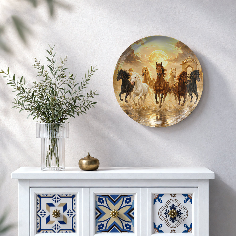 The Golden Dawn ceramic wall plate featuring seven majestic horses and golden water reflections