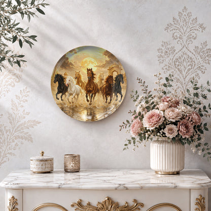 Vaastu seven running horses wall decor with moonlit sky, golden reflections and palace arches