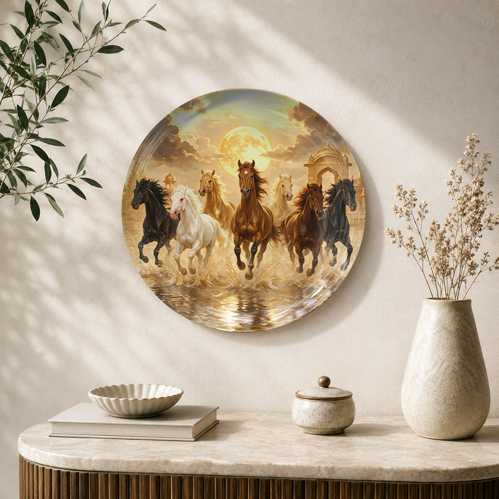 The Golden Dawn seven horses Vaastu ceramic wall plate with horses running beneath the sun