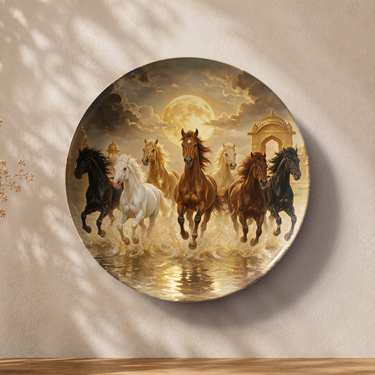 Seven horses Vaastu ceramic wall plate symbolizing prosperity, success and forward movement