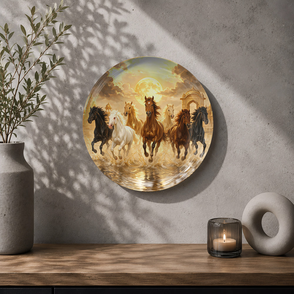 Seven horses prosperity ceramic wall plate with majestic golden landscape and celestial artwork
