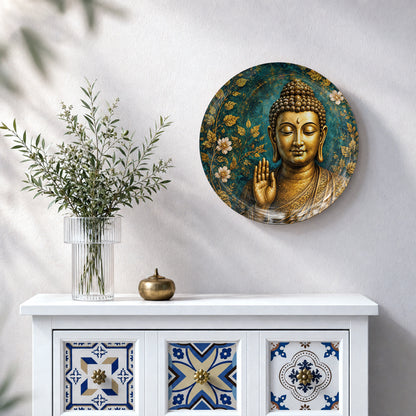 Vaastu Buddha ceramic wall plate featuring a serene golden Buddha against a teal floral background