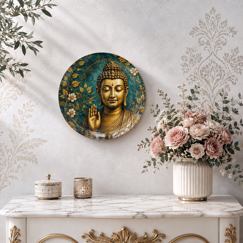 Golden Buddha wall decor plate with intricate botanical flowers and spiritual artwork