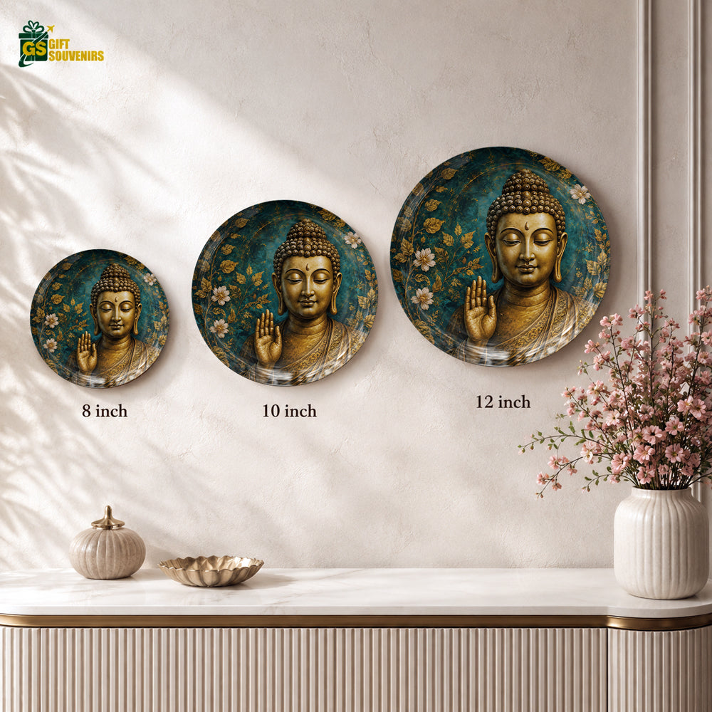 Golden Stillness Buddha ceramic wall plate displayed with a premium gift box
