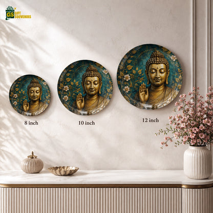 Golden Stillness Buddha ceramic wall plate displayed with a premium gift box