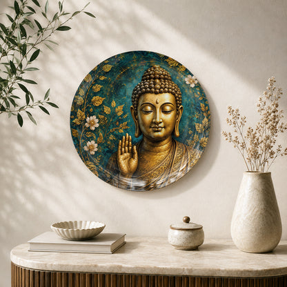 Golden Stillness Buddha Vaastu ceramic wall plate with golden Buddha and floral botanical artwork