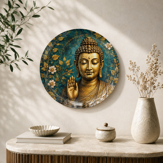 Golden Stillness Buddha Vaastu ceramic wall plate with golden Buddha and floral botanical artwork