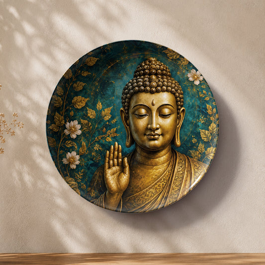 Golden Buddha ceramic wall plate for Vaastu home decor symbolizing peace, wisdom and harmony
