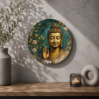 Buddha ceramic wall plate symbolizing peace and wisdom for meditation and peaceful home interiors