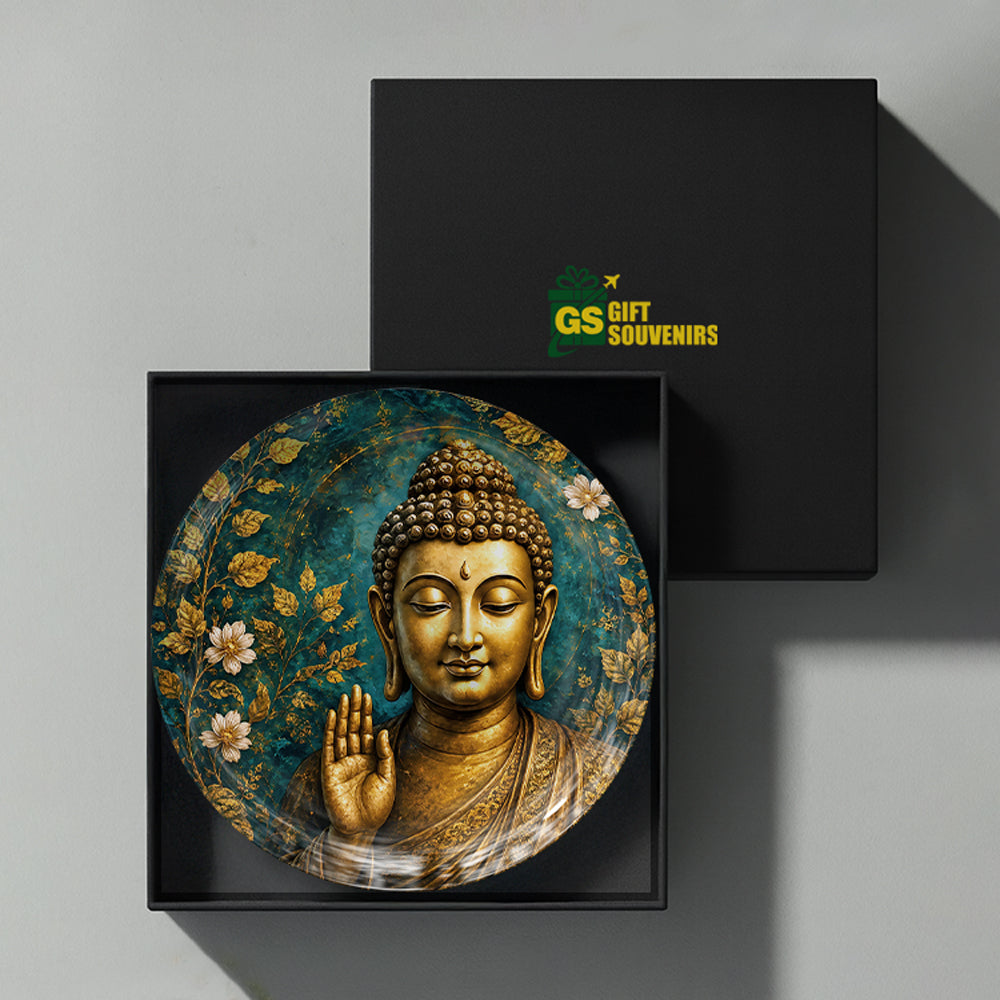 Vaastu Buddha ceramic wall plate with golden spiritual artwork presented in a premium gift box
