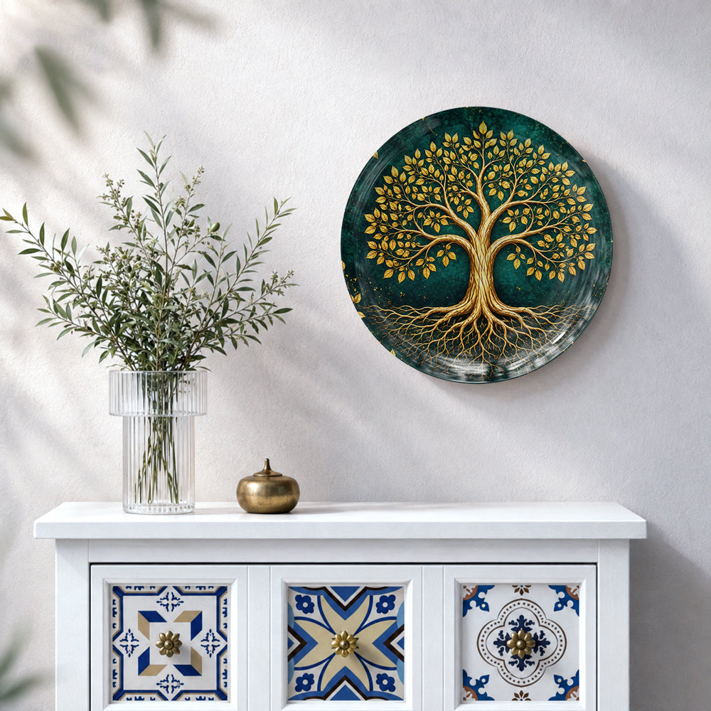 Vaastu Tree of Life wall plate featuring a golden tree with detailed leaves and spreading roots