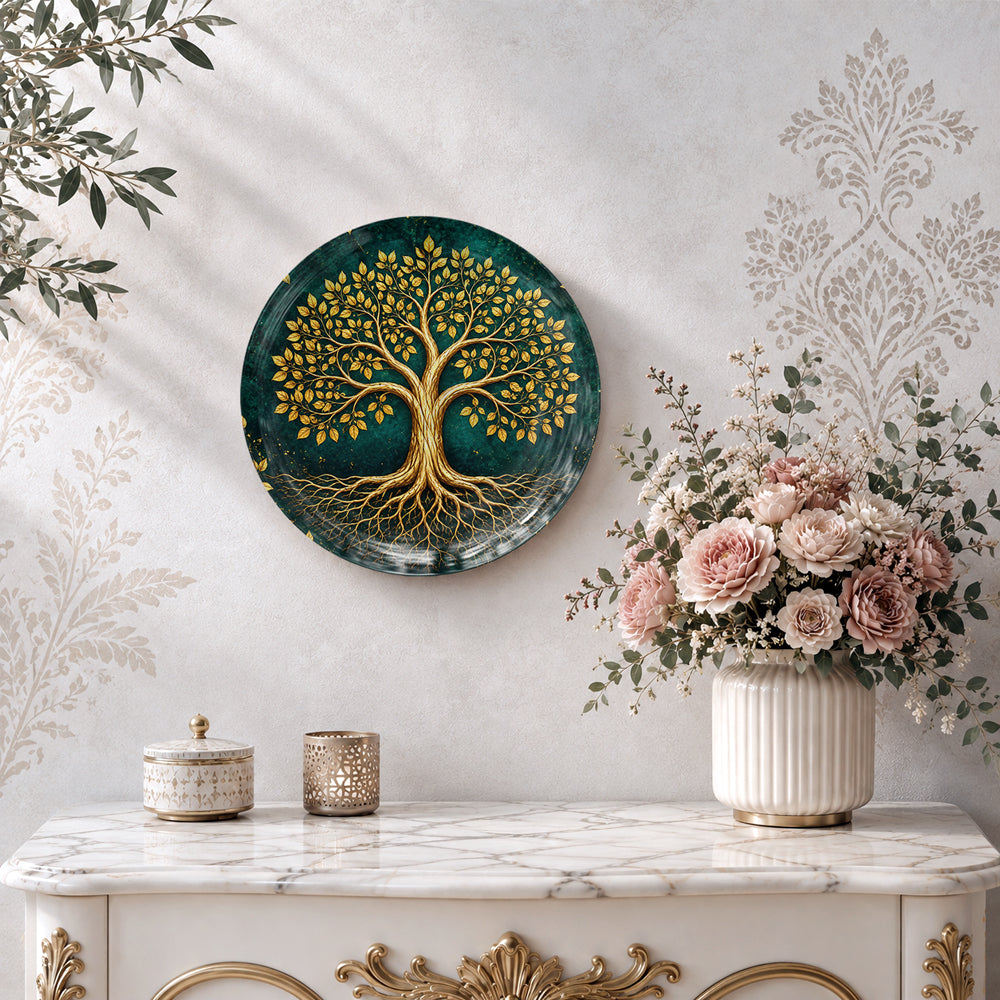 Golden Tree of Life ceramic wall decor with deep teal background for harmonious home interiors