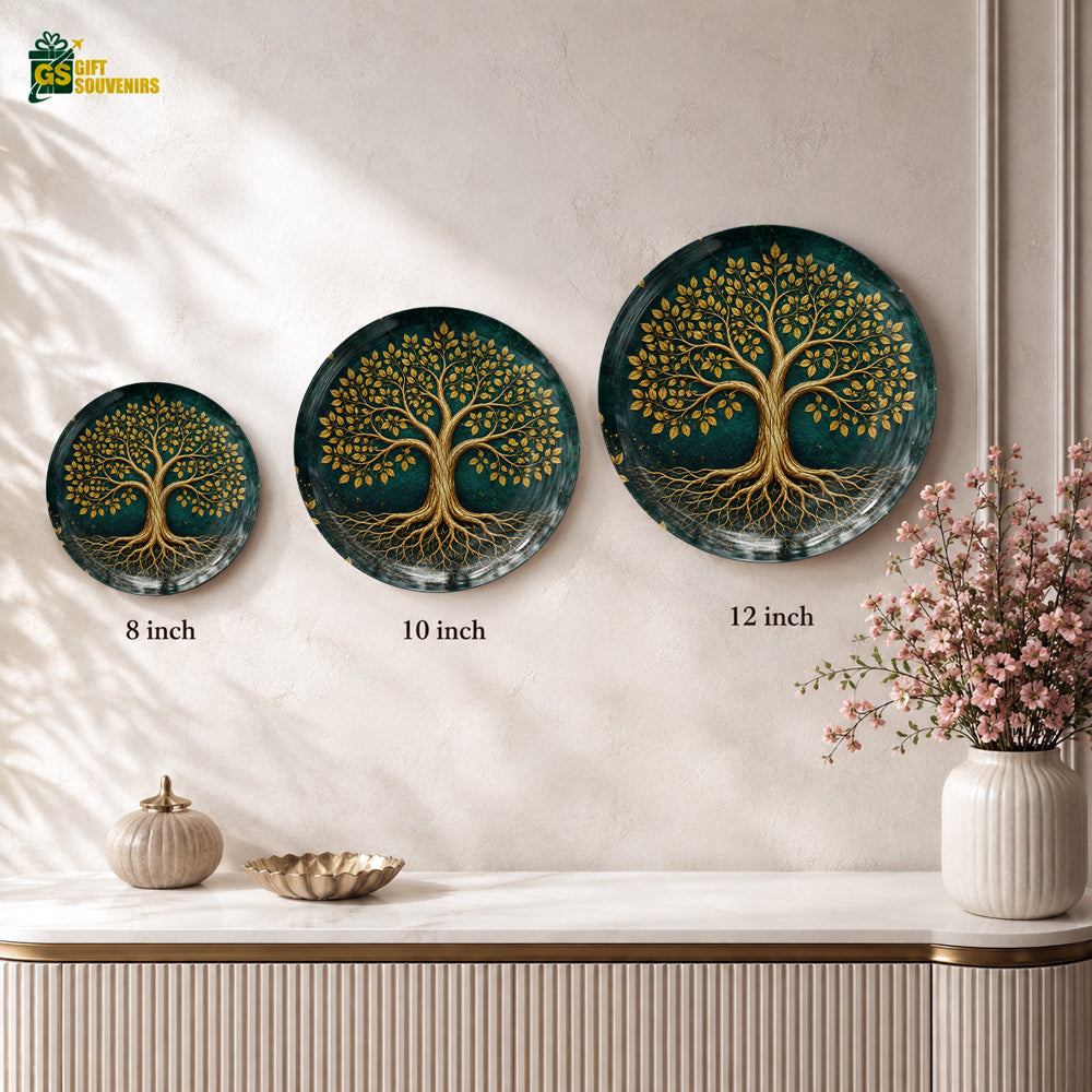 Golden Tree of Life ceramic wall plate displayed as elegant Vaastu home decor