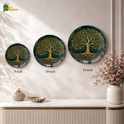Golden Tree of Life ceramic wall plate displayed as elegant Vaastu home decor