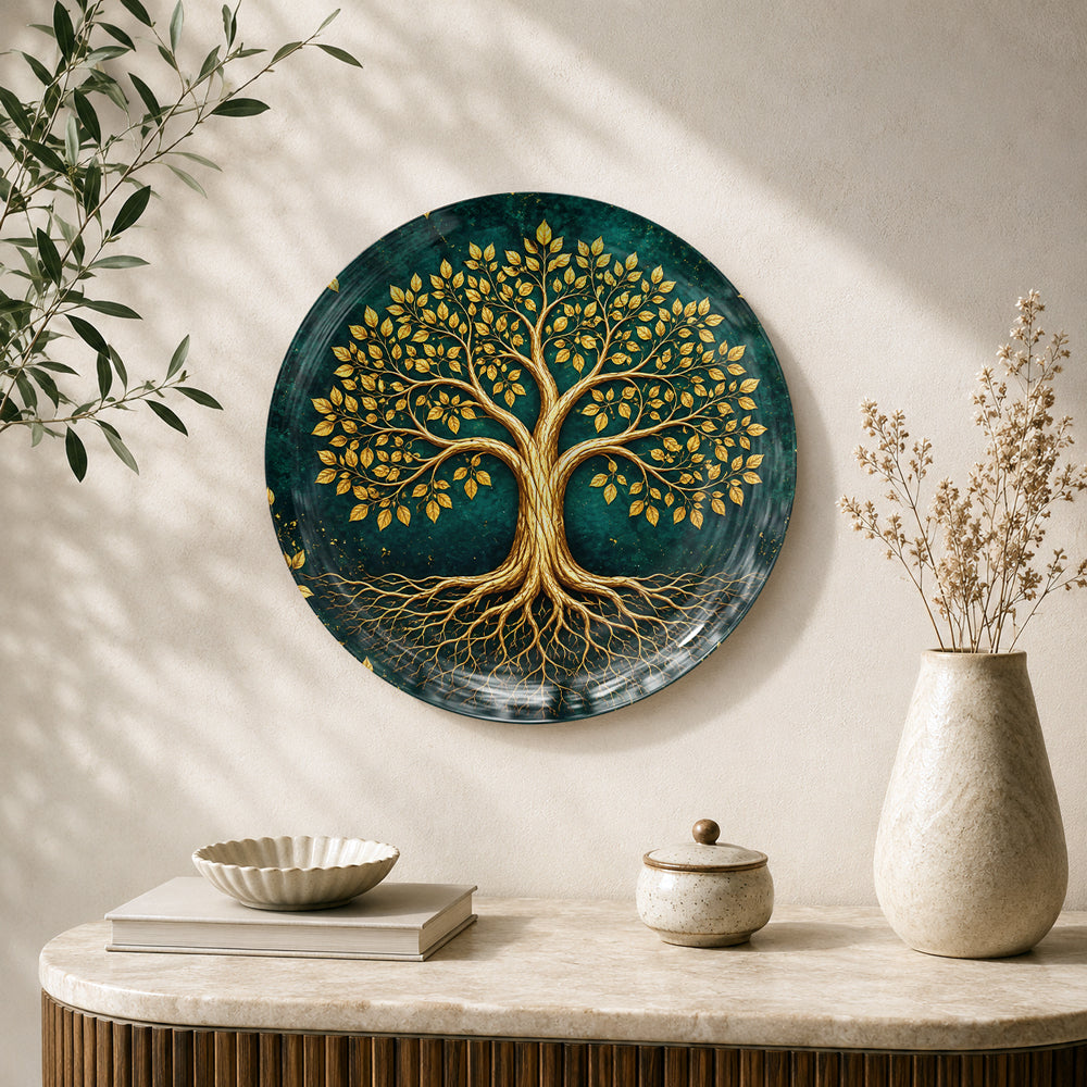 Golden Tree of Life Vaastu ceramic wall plate with intricate golden branches and roots