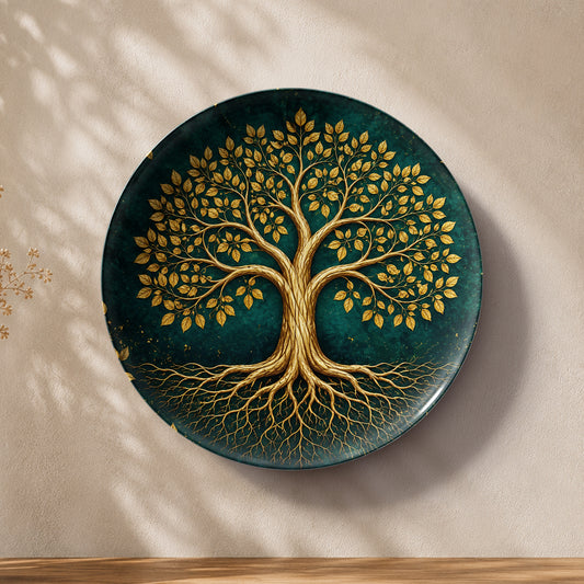 Golden Tree of Life ceramic wall plate symbolizing growth, prosperity and stability for Vaastu decor