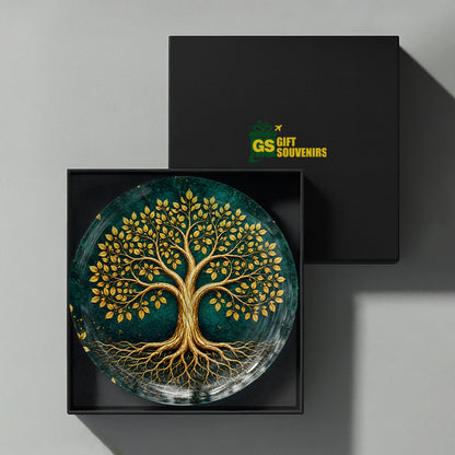 Golden Tree of Life Vaastu ceramic wall plate presented in a premium gift box for gifting