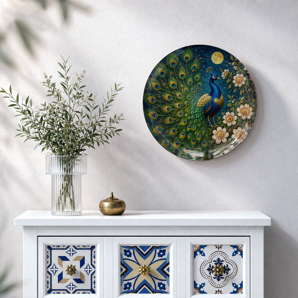 Vaastu peacock ceramic wall plate featuring a majestic blue and green peacock under a full moon