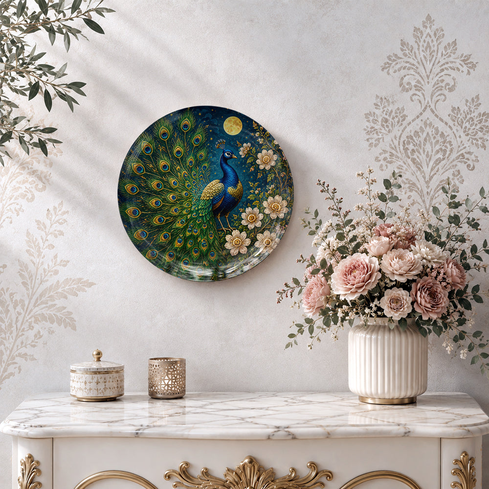 The Regal Bird decorative peacock wall plate with intricate feathers, flowers and golden foliage
