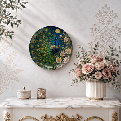 The Regal Bird decorative peacock wall plate with intricate feathers, flowers and golden foliage